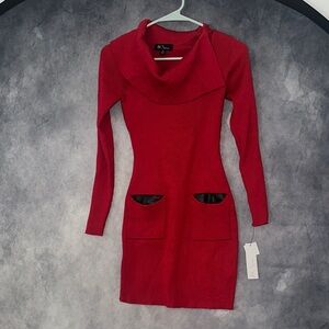 BCX Scarlet Long Sleeved Ribbed Knit Dress with Gorgeous Pleather Pocket Detail